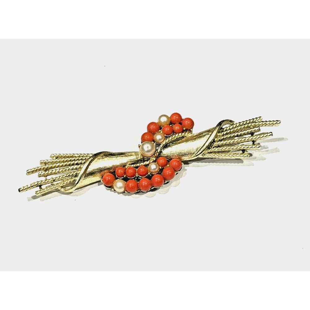 CORO BRUSHED GOLD FAUX CORAL & PEARL 4" Brooch SIGNED VINTAGE MCM EUC